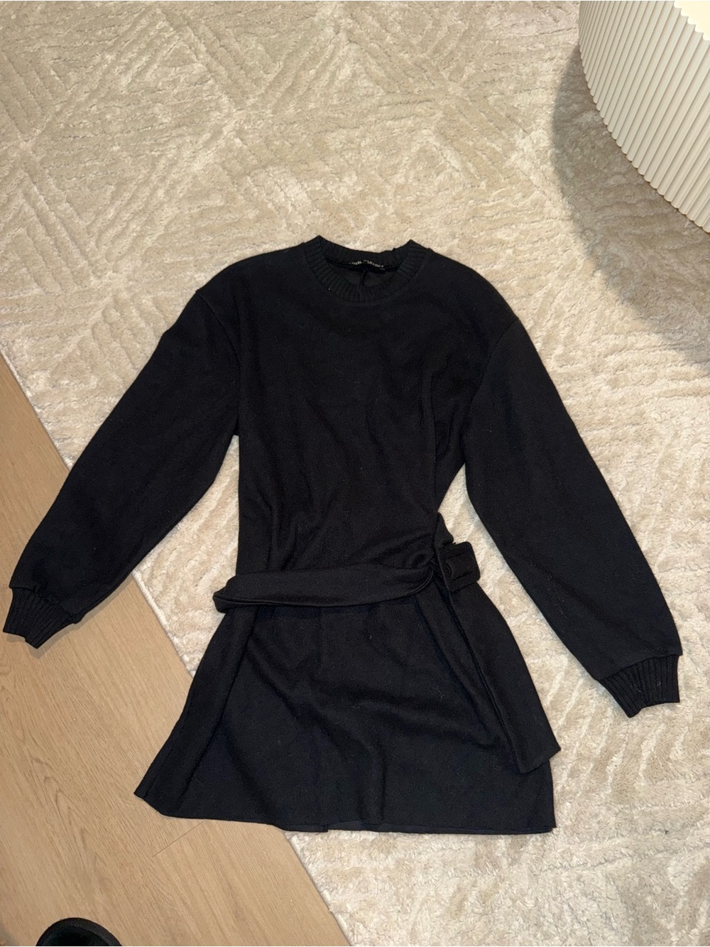 Zara Black Long Sleeve Knit Dress with Tie Waist